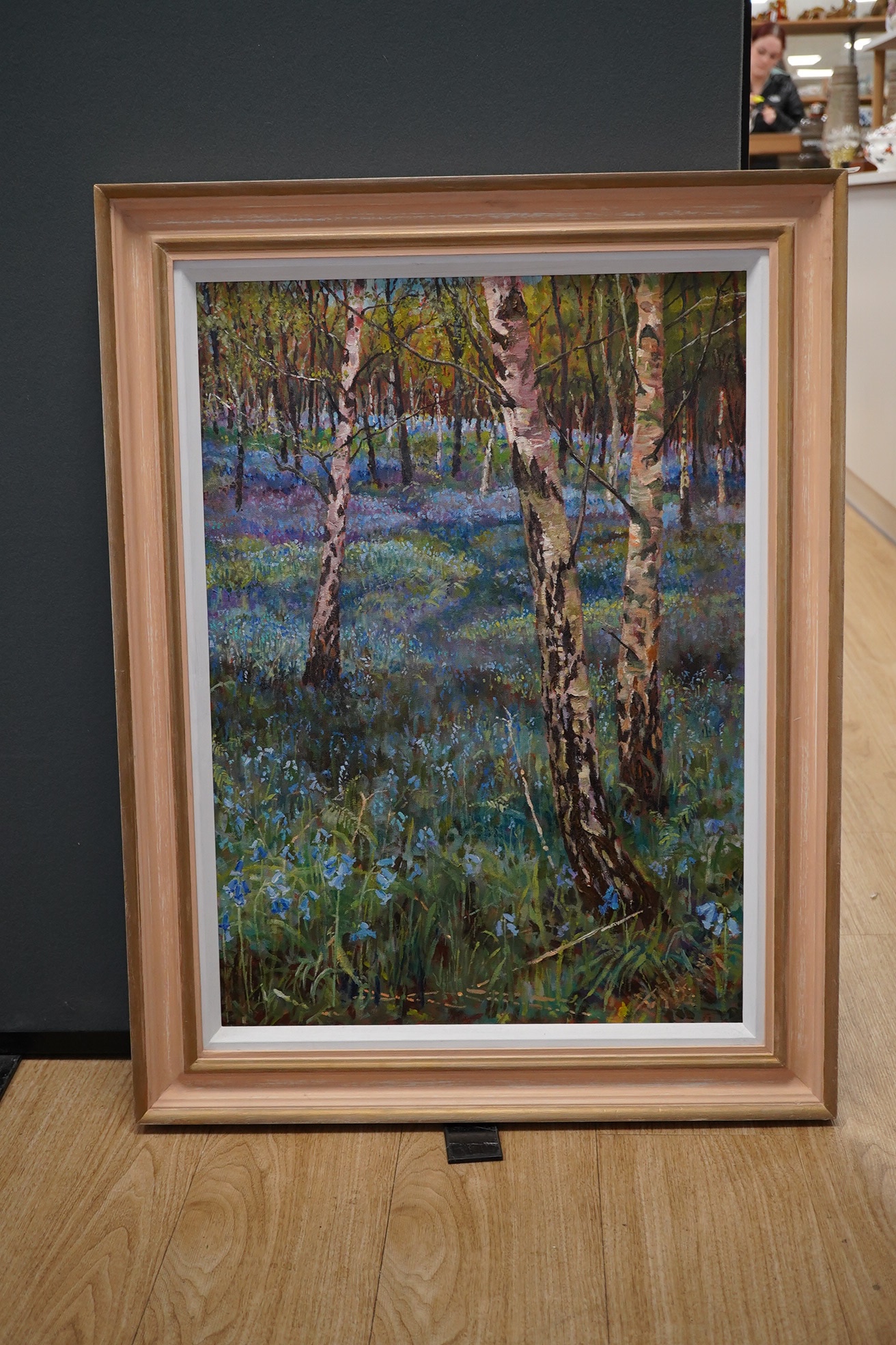 Derek Wiles, oil on canvas, bluebells and birches, unsigned, label verso, 69 x 49cm. Condition - good